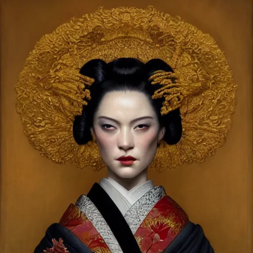 Image similar to highly detailed oil painting | very intricate | cinematic lighting | award - winning | portrait of geisha dressed by alexander mcqueen | by roberto ferri, by tom bagshaw, by j. c. leyendecker and klimt, american romanticism, by austin osman spare, artstation, cgsociety, official art, octane