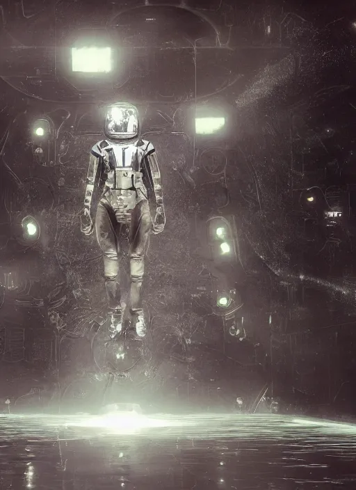 Image similar to symmetry concept art by craig mullins astronaut in futuristic dark and empty spaceship underwater. infrared glowing lights. complex and hyperdetailed technical suit. reflection and dispersion materials. rays and dispersion of light. volumetric light. 5 0 mm, f / 3 2. noise film photo. flash photography. unreal engine 4, octane render. interstellar movie art