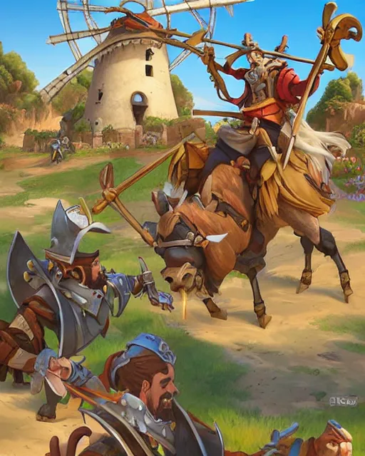 Prompt: don quixote's fighting with windmills by disney and miyazaki, octane, intricate, hearthstone