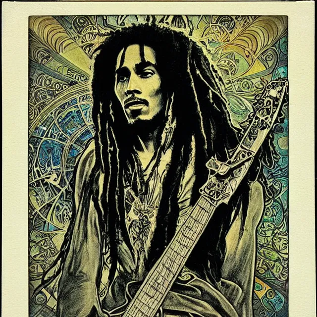 Prompt: polaroid of a vintage record cover by Franklin Booth showing a portrait of Bob Marley as a futuristic space shaman, Alphonse Mucha background, psychedelic art, Reggae, Jamaica, star map, smoke, sciFi