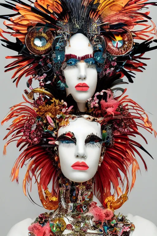 Image similar to woman with a strange headpiece, alexander mcqueen flamingo baroque, panfuturism, made of clocks, made of flowers, made of long feathers, hybrid, extravagant, retro futuristic, bold natural colors, masterpiece, trending on artstation, photography