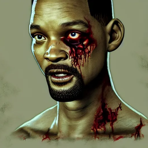 Prompt: eighties will smith as a flesh eating zombie with cuts on face, 7 days to die zombie, fine art, award winning, intricate, elegant, sharp focus, cinematic lighting, highly detailed, digital painting, 8 k concept art, art by guweiz and z. w. gu, masterpiece, trending on artstation, 8 k