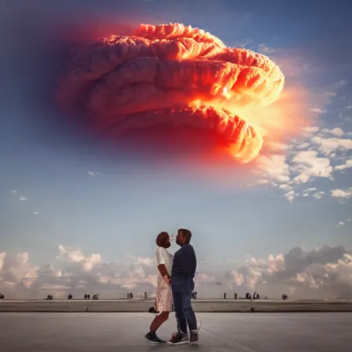 Prompt: a cloud in the shape of a heart from a nuclear explosion, people in foreground are kissing, sports photography, 8k, cinematic lighting, professional photograph