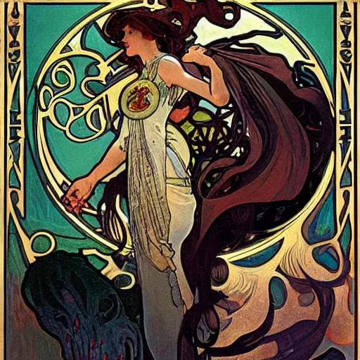 Image similar to lovecraftian protagonist by alphonse mucha