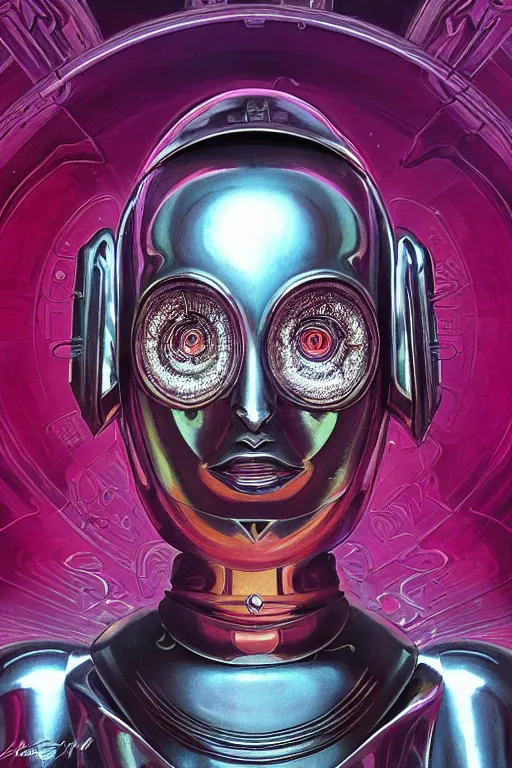 Prompt: retro-futuristic portrait of a beautiful but damaged female android in dusty chrome armour, ornate background, light from below, ornate pattern, glowing eyes, evil expression, high details, intricate details, renaissance style, painting by vincent di fate, artgerm julie bell beeple, 80s, Smooth gradients, High contrast, depth of field, very coherent symmetrical artwork