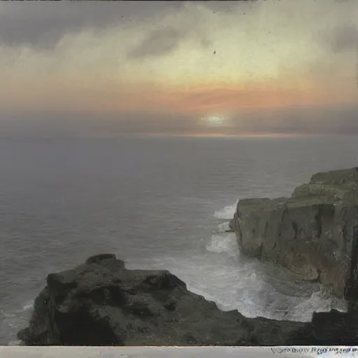 Prompt: gray fog rolling in from the ocean towards cliffs :: sunset :: brutalist Japanese bunkers with red banners built into and atop cliffs with spotlights shining into the sky :: waves breaking on the base of the cliffs :: juniper shrubs clinging to the top of the cliffs :: 1970s science fiction naturalist painting by Rembrandt and Carvaggio