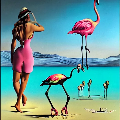 Image similar to A surreal oil painting of a puzzle containing a beautiful woman and Flamingos on a desert beach oasis by Salvador Dali, dark vibes, high contrast, cinematic, depth of field