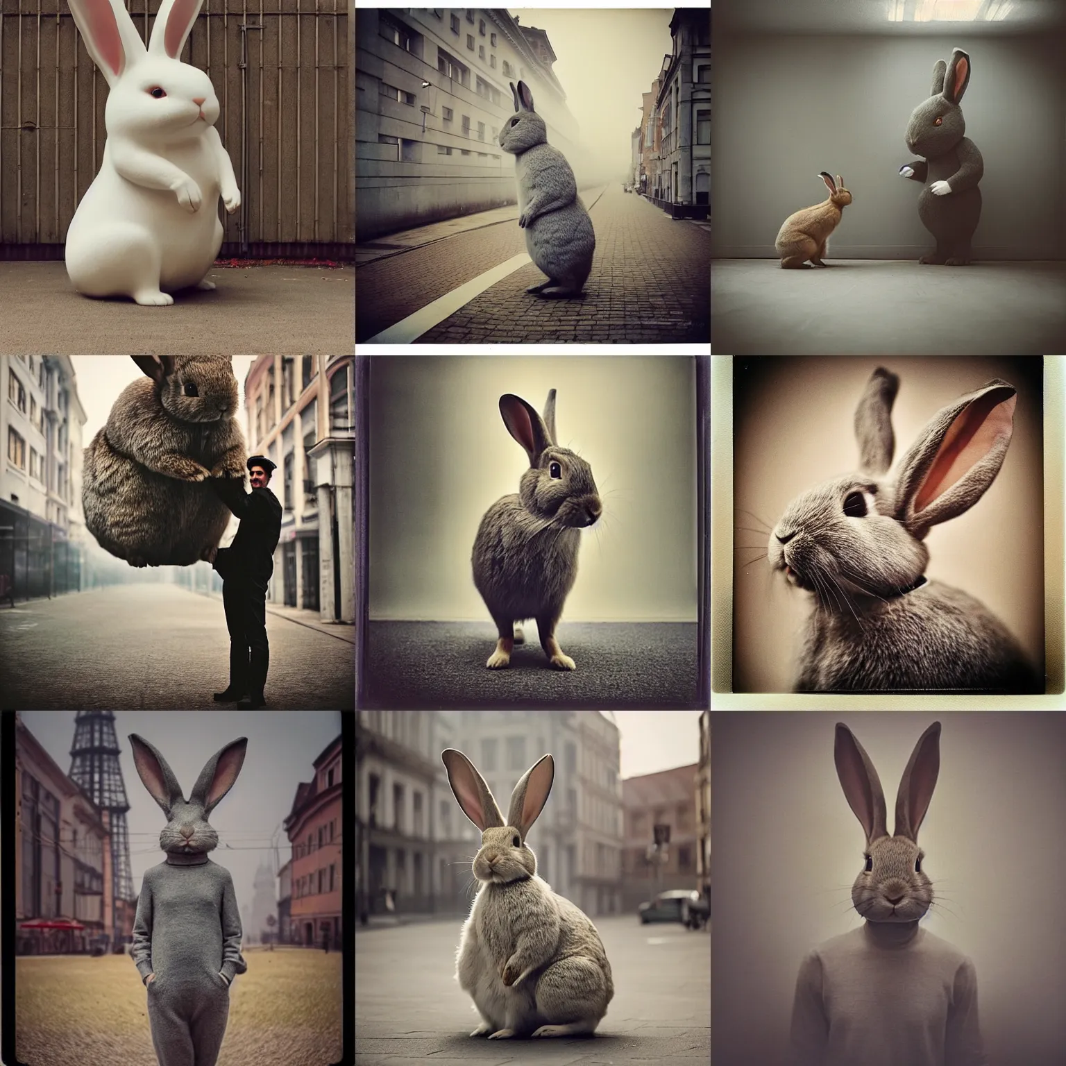 Prompt: real rabbit!!! giant oversized real rabbit, in legnica, full body, cinematic focus, polaroid photo, vintage, neutral dull colors, soft lights, foggy mist, by oleg oprisco, by thomas peschak, by discovery channel, by victor enrich, by gregory crewdson