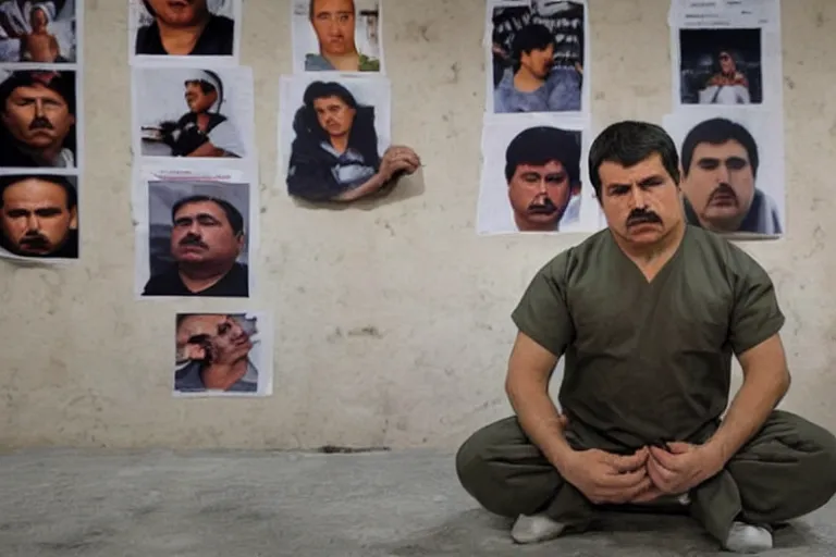 Image similar to el chapo is meditating in the middle of a prison cell. the prison cell is lined with posters of hot latina babes. meditation