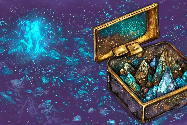 Prompt: Crystals of Adumidium in a small alchemy box, scaly, chipped flat little pieces, fantasy dark blue-glowing highly magical, unstable and extremely rare substance | fantasy art