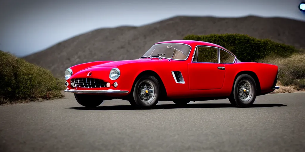 Image similar to photograph, 1958 FERRARI 250 GT, by Peter Singhof, press release, cinematic, PCH, california coast, 8k, depth of field, bokeh.