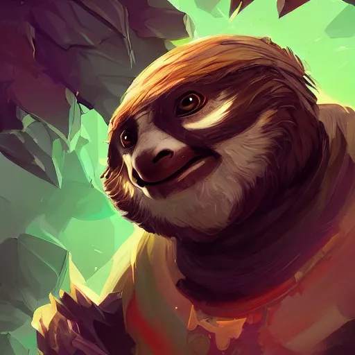 Image similar to lazy sloth as dota 2 character, digital illustration portrait design, by android jones and greg rutkowski, retrowave color scheme, detailed, cinematic lighting, wide angle action dynamic portrait