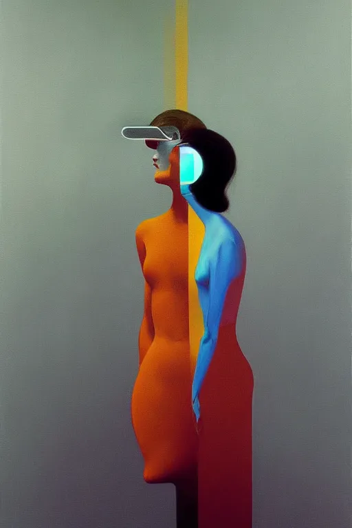 Image similar to woman wearing Oculus and digital glitch head Edward Hopper and James Gilleard, Zdzislaw Beksisnski, higly detailed