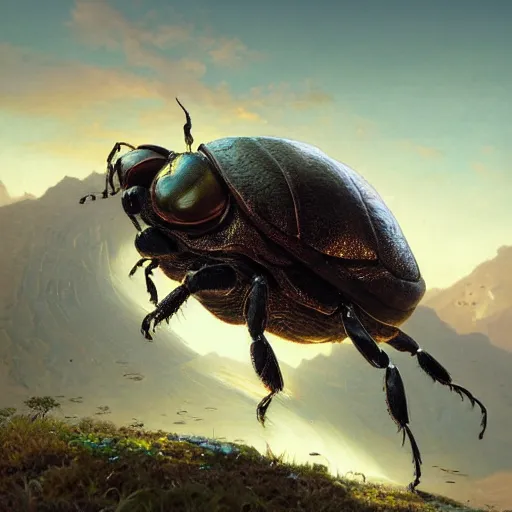 Prompt: a dung beetle pushing the earth up a hill, ultra realistic, concept art, intricate details, highly detailed, photorealistic, octane render, 8 k, unreal engine. art by artgerm and greg rutkowski and magali villeneuve and alphonse mucha