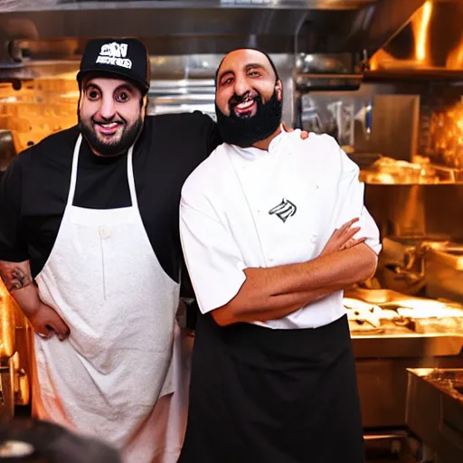 Prompt: ethan klein from the h 3 podcast and dj khaled on an episode of hell's kitchen