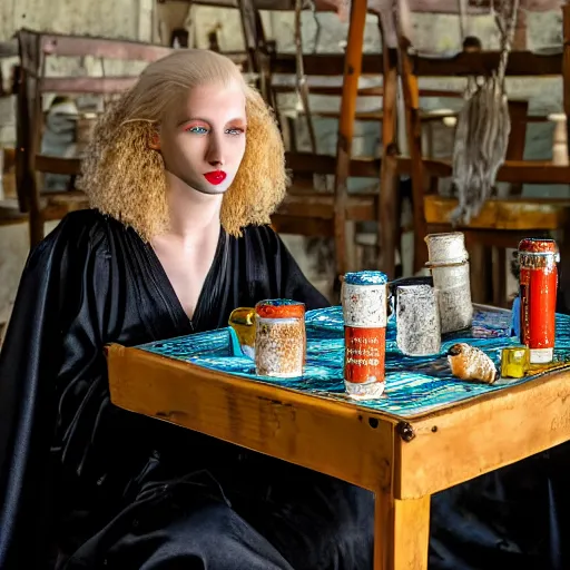 Image similar to a woman sitting at a table covered in empty beer mugs, a beautiful english woman with a long face narrow nose pale skin blue eyes red lips and wild messy tangles of curly white blonde hair, high resolution film still wearing a black robe drinking at a table, sandy, a journey to the west