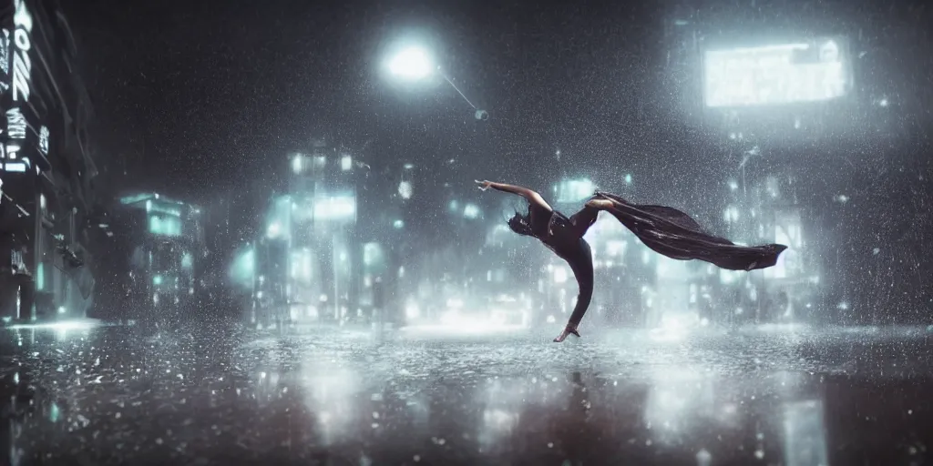 Image similar to slow motion with trail effect of futuristic break dancer wearing floating long dress, long exposure shot , at night in the middle of a rainy blade runner street, paddle of water, steam, fog, water splashes, rim lights, glossy reflections, water droplets on lens, octane render, dark and dramatic, explosion in the background, detailed and soft, fisheye