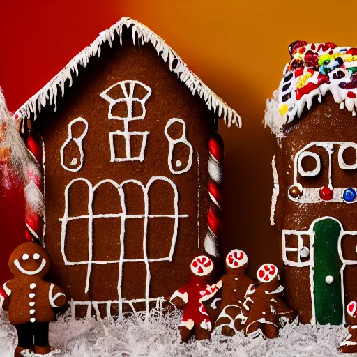 Image similar to cinematic photo of the creatures living inside of a haunted gingerbread house