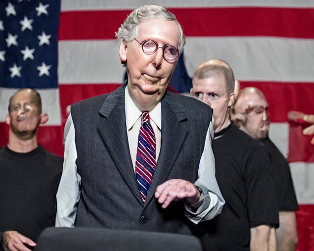 Prompt: Mitch McConnell at the gym, bench-pressing the constitution of the United States