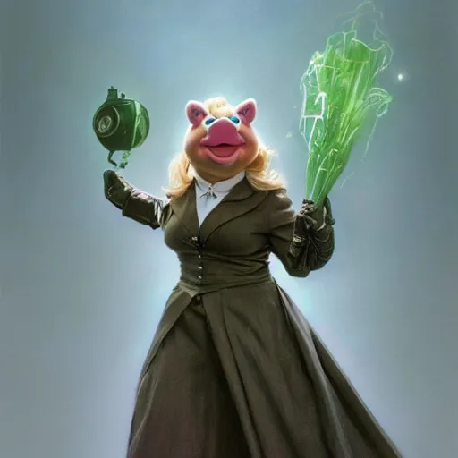 Image similar to Epic Masterpiece action shot of Miss Piggy as Trinity in The Matrix (1999) , drawn by Donato Giancola and Tom Bagshaw, Edmund Leighton, Alphonse Mucha, 4k, volumetric lighting, komorebi, trending on artstation, octane render, hyperrealistic