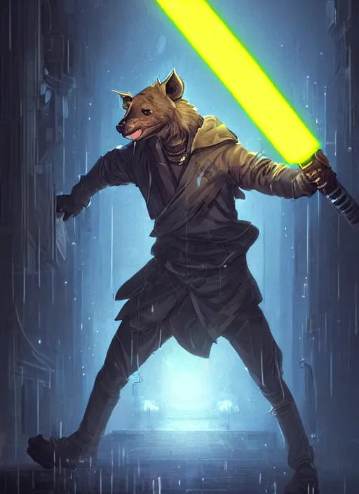 Prompt: beautiful portrait commission of a male furry anthro hyena fursona wearing jedi robes and wielding a yellow lightsaber in a cyberpunk city at night in the rain. character design by charlie bowater, ross tran, artgerm, and makoto shinkai, detailed, inked, western comic book art