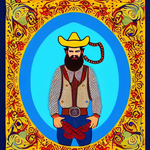 Image similar to bearded cowboy, portrait, highly colorful illuminated borders, persian folkore artstyle