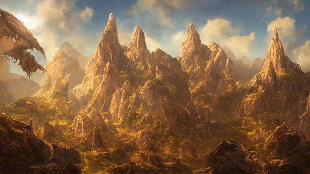 Image similar to high fantasy landscape, in a style blend of kunstler and leyendecker and rockwell, fine art, volumetric lighting, intricate details