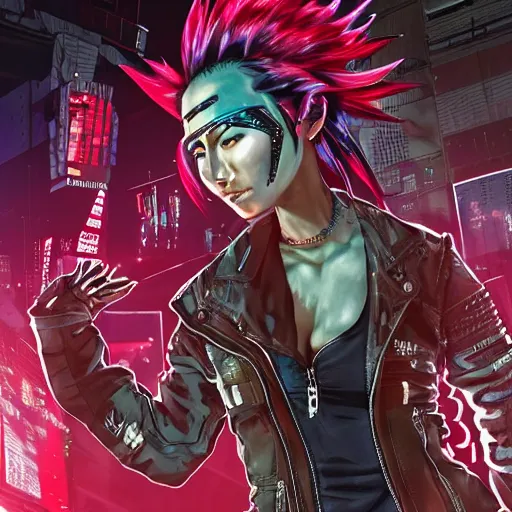 Prompt: a full body illustration of an Asian female cyberpunk character with red Mohawk, wearing oversized techwear jacket with one shoulder off revealing tank top underneath, torn punk leather pants, highly detailed, soft lighting, by Glenn Fabry, HD, 4K