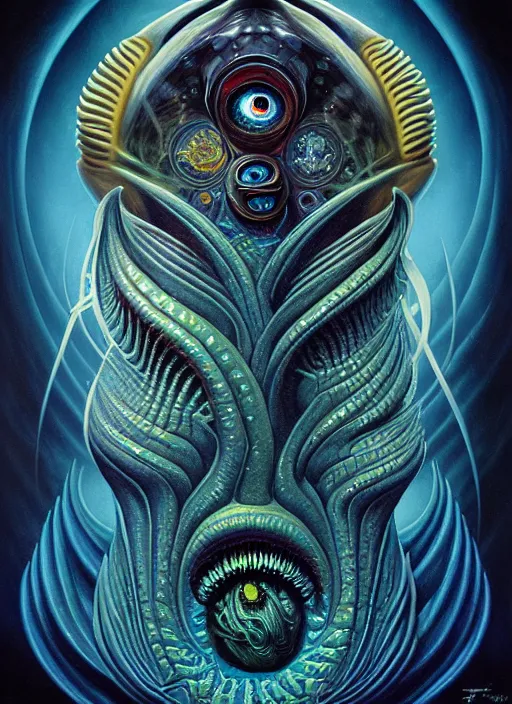 Image similar to cosmic lovecraft giger fractal random fish portrait, pixar style, by tristan eaton stanley artgerm and tom bagshaw.