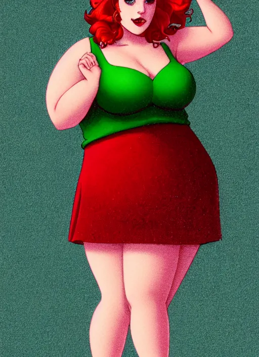 Image similar to full body portrait of teenage cheryl blossom, obese, bangs, green eyes, sultry, realistic, red hair, sultry smirk, wavy hair, pink skirt, fat, intricate, elegant, glowing lights, highly detailed, digital painting, artstation, concept art, smooth, sharp focus, illustration, art by wlop, mars ravelo and greg rutkowski