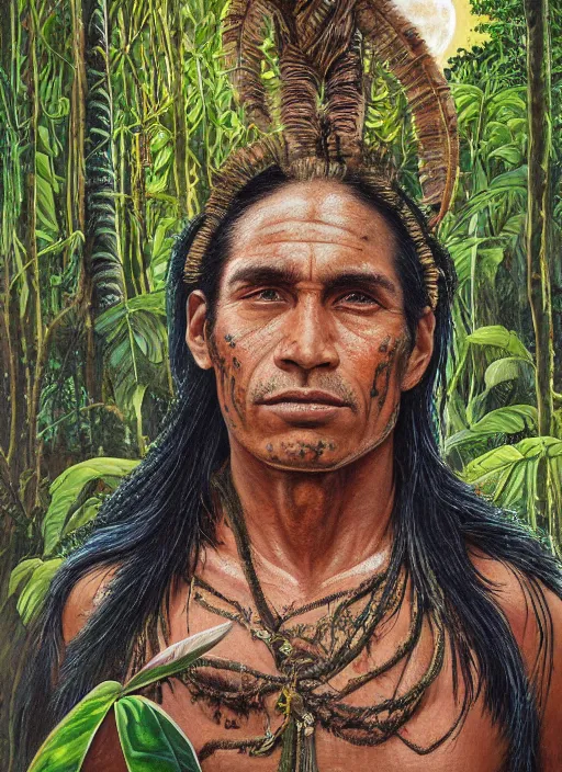 Prompt: a beautiful painting of an amazonian male shaman healer sitting in the jungle, doing a prayer, ayahuasca, high detail painting, fantasy art, highly detailed, realistic face, starry sky with full moon, canopee