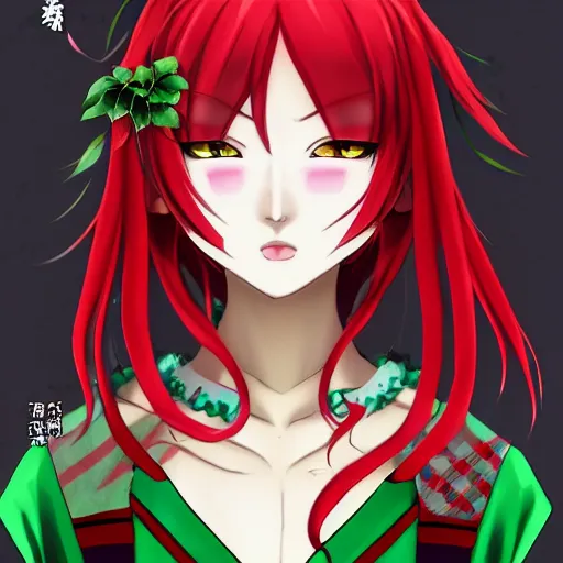 Prompt: an intimidating female flower plant youkai woman, yuuka kazami, with short wavy green hair and burning piercing red eyes, wearing a red plaid dress, 4 k digital beautiful detailed character art portrait