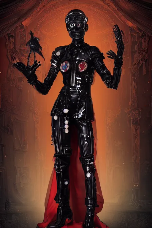 Image similar to full-body cyberpunk style sculpture of a young beautiful dark priestess, half android with a head opening exposing circuitry, glowing red eyes, black roses, flowing blood red colored silk, fabric, candles. baroque elements, human skull. full-length view. baroque element. intricate artwork by Caravaggio. crows flying in background. Trending on artstation, octane render, cinematic lighting from the right, hyper realism, octane render, 8k, depth of field, 3D