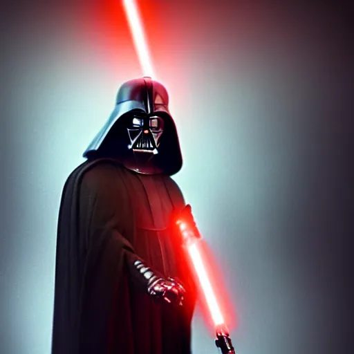 Image similar to darth sidious with lightsaber, heavy rain, lightning, moody lighting, shallow depth of field,