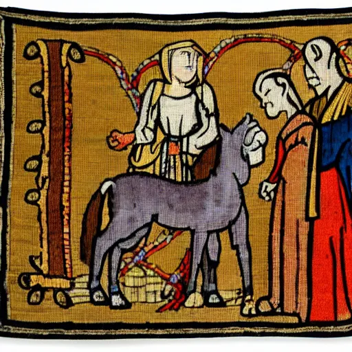 Image similar to medieval tapestry depicting shrek and donkey