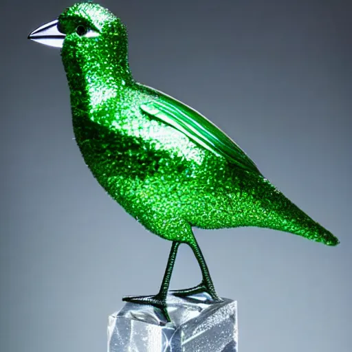 Image similar to a real life bird made out of crystal andextremely reflective metal, background is a green forest, studio lighting, award winning photo