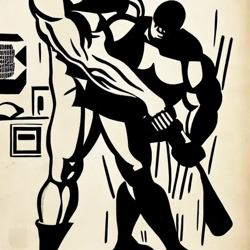 Image similar to propaganda poster of an incredibly muscular man with a sledgehammer cuddling with a machine robot, sketch, monochrome, bela uitz