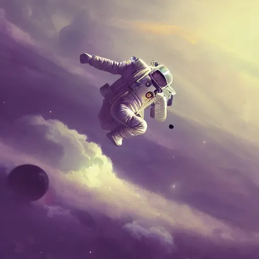 Image similar to astronaut falling through the clouds in jupiter, by cedric peyravernay, highly detailed, excellent composition, cinematic concept art, dramatic lighting, trending on artstation