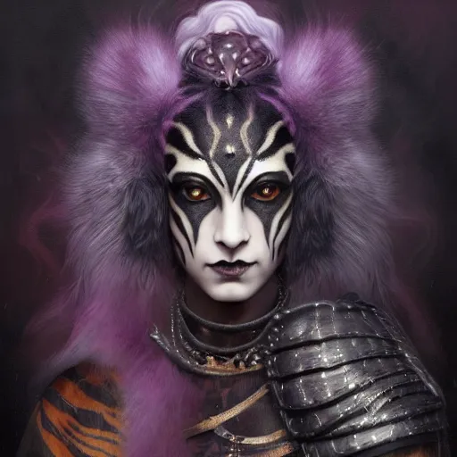 Prompt: tom bagshaw, soft painting fractal curiosities carnival fur, very beautiful female tigress mutation in full nightshade gothic armor, accurate features, focus, very intricate ultrafine details, black white purple volumetric clouds, award winning masterpiece, octane render 8 k hd