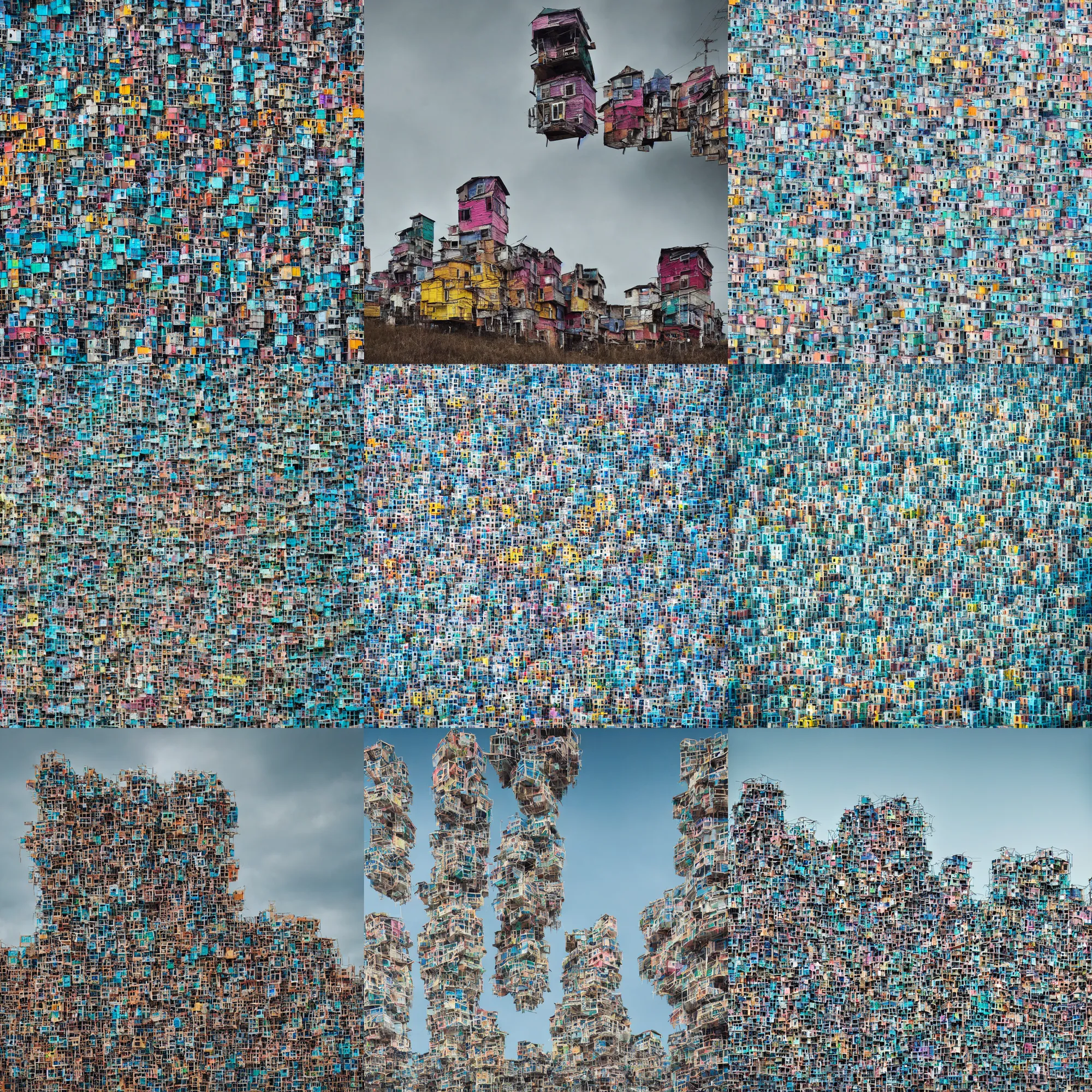 Prompt: close - up view of symmetrical suspended towers made up of colourful makeshift squatter shacks, faded colours, uniform off - white sky, dystopia, hasselblad x 1 d, very detailed, photographed by cristina de middel