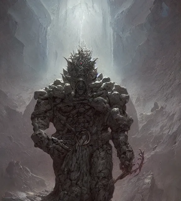 Image similar to crystal golem concept, beksinski, age of sigma art, frank franzetta, ruan jia, dark soul armor concept, trending on artstation, wayne barlowe, adrian smith fantasy art, elden ring art, the hobbit art, lord of the ring art, infinity blade armor