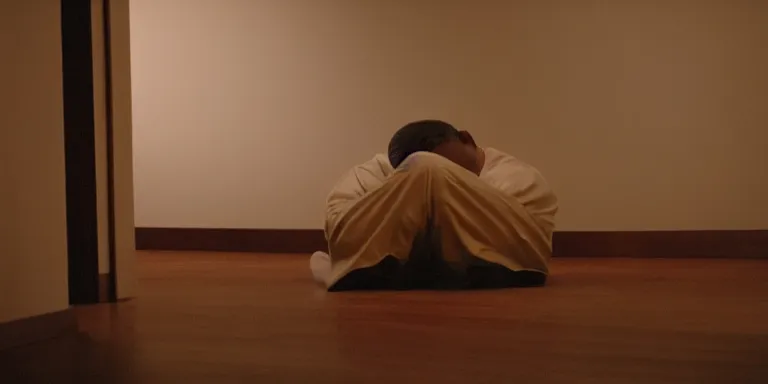 Prompt: photorealistic Cinematography of a man crying on the floor at night in a mid century modern apartment shot on film at magic hour in a room filled with volumetric haze by the shining Cinematographer john alcott on a cooke panchro 18mm lens .