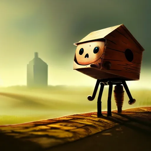 Image similar to a walking cute wood house with two mechanical legs and two glowing eyes and a mouth, rust, hyperrealistic, pareidolia, highly detailed, cinematic, single ray of sun, fog, city in background, beautiful, cgssociety, artstation, 8 k, oil painting