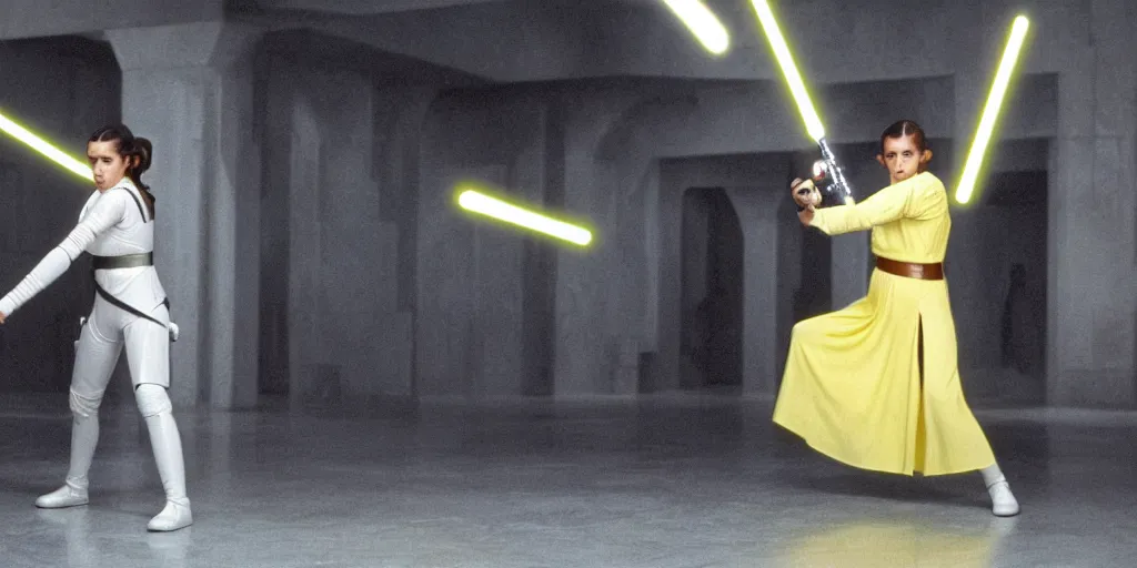 Image similar to screenshot of Princess Leia training to use a yellow lightsaber at a new Jedi Temple scene from The Force Awakens, 1970s film by Stanley Kubrick, serene, iconic scene, stunning cinematography, hyper detailed, sharp, anamorphic lenses, kodak color film, 4k