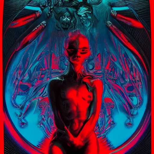 Prompt: anaglyph effect Ayami Kojima, Amano, Karol Bak, Greg Hildebrandt, and Mark Brooks, neogothic art, detailed, trending on Artstatio, darksynth, techno mutant standing in a constructivist room with blank walls connected by wires and cords to a toad's head, Hand Screen Printed, by Jason Galea, by H.R. Giger, rendered in blender, ultra realistic, smooth shading, ultra detailed, high resolution, cinematic