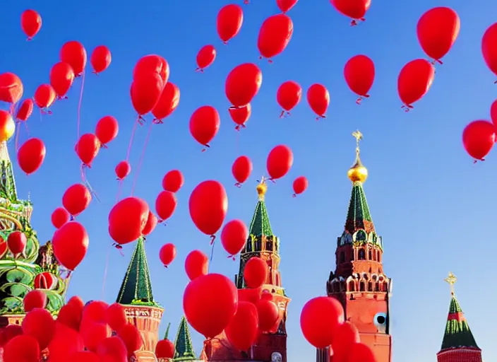 Image similar to 99 red balloons fly over the towers of the Moscow Kremlin, a big crowd looks upwards, sunny day, deep blue sky, award winning photo