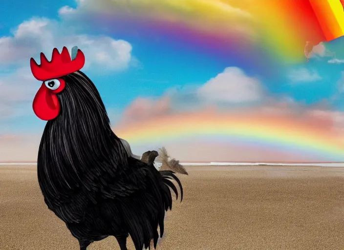 Image similar to A rooster wearing a fedora, standing on top of a unicorn at the beach, with rainbow in the sky