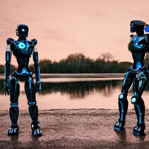 Prompt: Beautiful cinematic scene of a couple of two damaged and broken humanoid robots holding hands near a river, at night, peaceful, science fiction, cinematic lighting, insanely detailed, directed by Denis Villeneuve and Wes Anderson, cinestill 800t