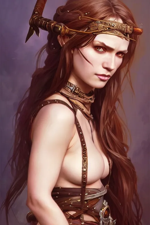 Image similar to Portrait of seductive female barbarian, D&D, revealing stylish dress, choker on neck, long flowing hair, mouth slightly open, slight nerdy smile, fantasy, intricate, elegant, highly detailed, digital painting, artstation, concept art, smooth, sharp focus, illustration, art by artgerm and greg rutkowski and alphonse mucha