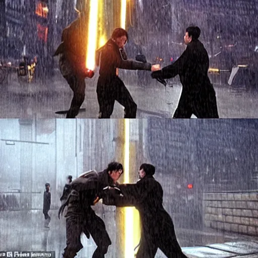 Image similar to the iconic fight between smith and neo in the rain, only instead of smith the are all obi wan kenobi clones